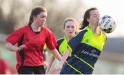 21 February 2018; Ciara Harkin of Moville Community College in action against Lauren McCormack of Presentation Secondary School Thurles during the Bank of Ireland FAI Schools Senior Girls National Cup Final match between Moville Community College, Donegal, and Presentation Secondary School Thurles, Tipperary, at Home Farm FC in Whitehall, Dublin. Photo by Stephen McCarthy/Sportsfile