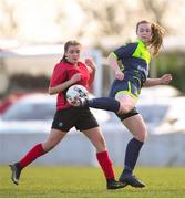 21 February 2018; Megan Havlin of Moville Community College in action against Kate Cavanagh of Presentation Secondary School Thurles during the Bank of Ireland FAI Schools Senior Girls National Cup Final match between Moville Community College, Donegal, and Presentation Secondary School Thurles, Tipperary, at Home Farm FC in Whitehall, Dublin. Photo by Stephen McCarthy/Sportsfile