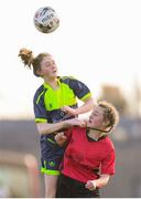 21 February 2018; Clodagh Skelly of Moville Community College in action against Kate Sheridan of Presentation Secondary School Thurles during the Bank of Ireland FAI Schools Senior Girls National Cup Final match between Moville Community College, Donegal, and Presentation Secondary School Thurles, Tipperary, at Home Farm FC in Whitehall, Dublin. Photo by Stephen McCarthy/Sportsfile