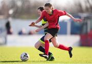 21 February 2018; Aoibheann Clancy of Presentation Secondary School Thurles in action against Eimear McLaughlin of Moville Community College during the Bank of Ireland FAI Schools Senior Girls National Cup Final match between Moville Community College, Donegal, and Presentation Secondary School Thurles, Tipperary, at Home Farm FC in Whitehall, Dublin. Photo by Stephen McCarthy/Sportsfile