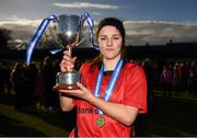 21 February 2018; Victorious captain Katie Ryan of Presentation Secondary School Thurles poses with the cup following the Bank of Ireland FAI Schools Senior Girls National Cup Final match between Moville Community College, Donegal, and Presentation Secondary School Thurles, Tipperary, at Home Farm FC in Whitehall, Dublin. Photo by Stephen McCarthy/Sportsfile