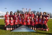21 February 2018; Presentation Secondary School Thurles celebrate following the Bank of Ireland FAI Schools Senior Girls National Cup Final match between Moville Community College, Donegal, and Presentation Secondary School Thurles, Tipperary, at Home Farm FC in Whitehall, Dublin. Photo by Stephen McCarthy/Sportsfile