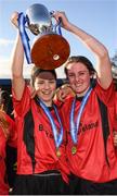 21 February 2018; Presentation Secondary School Thurles players Katie Ryan, left, and Casey Hennessy celebrate with the cup following the Bank of Ireland FAI Schools Senior Girls National Cup Final match between Moville Community College, Donegal, and Presentation Secondary School Thurles, Tipperary, at Home Farm FC in Whitehall, Dublin. Photo by Stephen McCarthy/Sportsfile