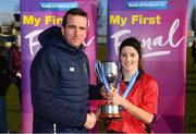 21 February 2018; David Lenane, FAI National Coordinator Women's Football, presents the cup to Katie Ryan, the victorious captain of Presentation Secondary School Thurles, following the Bank of Ireland FAI Schools Senior Girls National Cup Final match between Moville Community College, Donegal, and Presentation Secondary School Thurles, Tipperary, at Home Farm FC in Whitehall, Dublin. Photo by Stephen McCarthy/Sportsfile