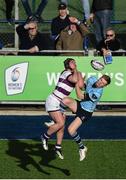 21 February 2018; Connell Kennelly of Clongowes Wood College in action against David Moran of St Michael's College during the Bank of Ireland Leinster Schools Senior Cup Round 2 match between St Michael's College and Clongowes Wood College at Donnybrook Stadium, in Dublin.  Photo by David Fitzgerald/Sportsfile