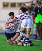 21 February 2018; Andrew Smith of St Michael's College is tackled by Conrad Daly, right, and John Maher of Clongowes Wood College during the Bank of Ireland Leinster Schools Senior Cup Round 2 match between St Michael's College and Clongowes Wood College at Donnybrook Stadium, in Dublin.  Photo by David Fitzgerald/Sportsfile