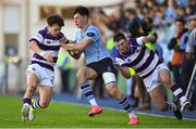 21 February 2018; Andrew Smith of St Michael's College is tackled by Conrad Daly, left, and John Maher of Clongowes Wood College during the Bank of Ireland Leinster Schools Senior Cup Round 2 match between St Michael's College and Clongowes Wood College at Donnybrook Stadium, in Dublin.  Photo by David Fitzgerald/Sportsfile