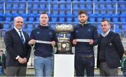 21 February 2018; Leinster players Rory O'Loughlin, left, reveals the name of St Michael's College and Ross Byrne reveals the name of Belvedere College alongside Leinster President Niall Rynne, left, and Conor Montayne, Chair of Leinster Schools Committee during the Bank of Ireland Leinster Senior Schools Semi-Final Draw at Donnybrook Stadium, in Dublin. Photo by David Fitzgerald/Sportsfile