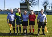 21 February 2018; Referee Sarah Dyas and assistant referee Joseph Dyas and Brendan Gillespie with Moville Community College captain Eilish Havlin and Presentation Secondary School Thurles captain Katie Ryan prior to the Bank of Ireland FAI Schools Senior Girls National Cup Final match between Moville Community College, Donegal, and Presentation Secondary School Thurles, Tipperary, at Home Farm FC in Whitehall, Dublin. Photo by Stephen McCarthy/Sportsfile