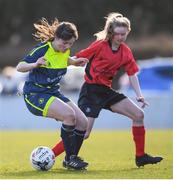 21 February 2018; Kate McClenaghan of Moville Community College in action against Sarah Foley of Presentation Secondary School Thurles during the Bank of Ireland FAI Schools Senior Girls National Cup Final match between Moville Community College, Donegal, and Presentation Secondary School Thurles, Tipperary, at Home Farm FC in Whitehall, Dublin. Photo by Stephen McCarthy/Sportsfile