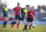 21 February 2018; Ciara Harkin of Moville Community College in action against Kate Sheridan, right, and Lauren McCormack of Presentation Secondary School Thurles during the Bank of Ireland FAI Schools Senior Girls National Cup Final match between Moville Community College, Donegal, and Presentation Secondary School Thurles, Tipperary, at Home Farm FC in Whitehall, Dublin. Photo by Stephen McCarthy/Sportsfile