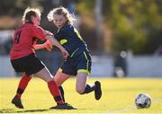 21 February 2018; Kerry Brown of Moville Community College in action against Kate Sheridan of Presentation Secondary School Thurles during the Bank of Ireland FAI Schools Senior Girls National Cup Final match between Moville Community College, Donegal, and Presentation Secondary School Thurles, Tipperary, at Home Farm FC in Whitehall, Dublin. Photo by Stephen McCarthy/Sportsfile