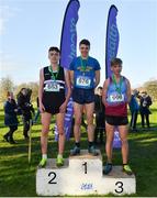 21 February 2018; Inter Boys 4,500m event medallists, from left, John Fanning of Belvedere College, Dublin, second place, Louis O'Loughlin of Moyle Park College, first place, and Seán Donoghue of St Declan's College, third place, after the Irish Life Health Leinster Schools Cross Country at Santry Demesne in Santry, Co Dublin. Photo by Piaras Ó Mídheach/Sportsfile