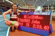 21 February 2018; John Travers of Ireland with the clock showing his time of 3:59.40 and becoming the first Irishman to break 4:00 in Ireland for the Men's Mile during AIT International Athletics Grand Prix at the AIT International Arena, in Athlone, Co. Westmeath. Photo by Brendan Moran/Sportsfile