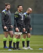 22 February 2018; Iain Henderson, left, alongside CJ Stander, centre, and Rory Best during Ireland rugby squad training at Carton House in Maynooth, Co Kildare. Photo by Brendan Moran/Sportsfile