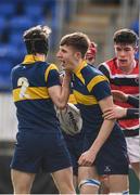 22 February 2018; Zak Bursey of The King’s Hospital, centre, celebrates with team mate Tim Perry after scoring his side's second try during the Bank of Ireland Vinnie Murray Cup Final match between The Kings Hospital and Wesley College at Donnybrook Stadium in Dublin. Photo by Sam Barnes/Sportsfile