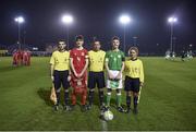 20 February 2018; Wales captain Guto Williams and Republic of Ireland captain Calum Doyle with referee Gary Fitzgerald and assistant referees Ian O'Keeffe and Claire Purcell prior to the Under 18 International Friendly match between Republic of Ireland and Wales at Tramore AFC in Tramore, Co Waterford. Photo by Diarmuid Greene/Sportsfile