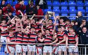 22 February 2018; Ian Sheridan of Wesley College lifts the Vinnie Murray Cup and celebrates with teammates following the Bank of Ireland Vinnie Murray Cup Final match between The Kings Hospital and Wesley College at Donnybrook Stadium in Dublin. Photo by Sam Barnes/Sportsfile