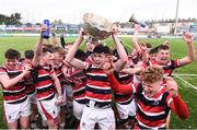 22 February 2018; Wesley College players, including Fergus Noonan, centre, celebrate with the Vinnie Murray Cup following the Bank of Ireland Vinnie Murray Cup Final match between The Kings Hospital and Wesley College at Donnybrook Stadium in Dublin. Photo by Sam Barnes/Sportsfile