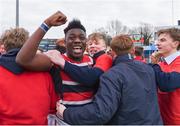 22 February 2018; Sam Illo of Wesley College celebrates following the Bank of Ireland Vinnie Murray Cup Final match between The Kings Hospital and Wesley College at Donnybrook Stadium in Dublin. Photo by Sam Barnes/Sportsfile