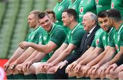 23 February 2018; Ireland players Peter O'Mahony, 2nd left, and Jonathan Sexton with IRFU President Phil Orr during the taking of their squad photo prior to their captain's run at the Aviva Stadium in Dublin. Photo by Brendan Moran/Sportsfile