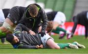23 February 2018; Jonathan Sexton receives treatment from team physio Colm Fuller during the Ireland Rugby captain's run at the Aviva Stadium in Dublin. Photo by Brendan Moran/Sportsfile