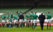 23 February 2018; Captain Rory Best takes his seat for their squad photo during the Ireland Rugby captain's run at the Aviva Stadium in Dublin. Photo by Brendan Moran/Sportsfile