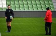 23 February 2018; Dan Biggar, left, with kicking coach Neil Jenkins during the Wales Rugby captain's run at the Aviva Stadium in Dublin. Photo by Brendan Moran/Sportsfile