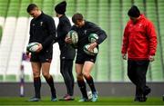23 February 2018; Dan Biggar, left, and Leigh Halfpenny with kicking coach Neil Jenkins during the Wales Rugby captain's run at the Aviva Stadium in Dublin. Photo by Brendan Moran/Sportsfile
