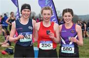 23 February 2018; Laura Hayes, centre, from Loreto, Fermoy, Co. Cork, after winning the senior girl's 2500m with second place Anna O'Connor, right, from Waterpark College, Waterford City, and third place Leah O'Neill, from Colaiste Muire, Ennis, Co. Clare, during the Irish Life Health Munster Schools Cross Country at Waterford IT in Waterford. Photo by Matt Browne/Sportsfile