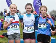 23 February 2018; Sarah Butler, centre, from Laurel Hill Secondary School, Co Limerick, after winning the girl's minor 2000m with second place Aoibhinn Murphy, right, from John the Baptist Community School, Co Limerick, and third place Alex Cashman from Pobalscoil na Trionoide, Youghal, Co Cork, during the Irish Life Health Munster Schools Cross Country at Waterford IT in Waterford. Photo by Matt Browne/Sportsfile