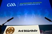 23 February 2018; A general view of the name card of Ard Stiúrthóir of the GAA Páraic Duffy at the GAA Annual Congress 2018 at Croke Park in Dublin. Photo by Piaras Ó Mídheach/Sportsfile