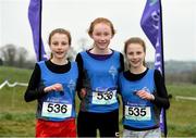 23 February 2018; Twin sisters Ellen, left, who finished sixth, and Niamh Cunneen, who won the junior girls 2500m, with team-mate Sarah Murphy, 538, from St. Mary's Nenagh, Co Tipperary, after the Irish Life Health Munster Schools Cross Country at Waterford IT in Waterford. Photo by Matt Browne/Sportsfile