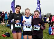 23 February 2018; Aimee Hayde, 542, from St. Mary's Secondary, Newport, Co. Tipperary after winning the girls intermediate 3000m with third playes Tara Ramasawamy, 357, from Presentation Waterford, and second place Niamh O'Mahony, 362, from Presentation Tralee, Co. Kerry, during the Irish Life Health Munster Schools Cross Country at Waterford IT in Waterford. Photo by Matt Browne/Sportsfile