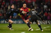 23 February 2018; Simon Zebo of Munster is tackled by Adam Hastings, left, and Brandon Thomson of Glasgow Warriors during the Guinness PRO14 Round 16 match between Munster and Glasgow Warriors at Irish Independent Park in Cork. Photo by Diarmuid Greene/Sportsfile