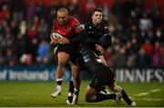 23 February 2018; Simon Zebo of Munster is tackled by Adam Hastings and Brandon Thomson of Glasgow Warriors during the Guinness PRO14 Round 16 match between Munster and Glasgow Warriors at Irish Independent Park in Cork. Photo by Diarmuid Greene/Sportsfile