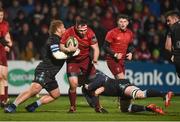 23 February 2018; James Cronin of Munster is tackled by Siua Halanukonuka, left, and Rob Harley of Glasgow Warriors during the Guinness PRO14 Round 16 match between Munster and Glasgow Warriors at Irish Independent Park in Cork. Photo by Diarmuid Greene/Sportsfile
