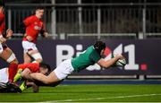23 February 2018; Angus Curtis of Ireland scores his side's first try during the U20 Six Nations Rugby Championship match between Ireland and Wales at Donnybrook Stadium in Dublin. Photo by David Fitzgerald/Sportsfile