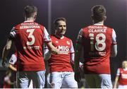 23 February 2018; Christopher Fagan, centre, of St Patrick's Athletic, centre, celebrates after scoring his side's second goal with Ian Bermingham and Dean Clarke during the SSE Airtricity League Premier Division match between Bray Wanderers and St Patrick's Athletic at the Carlisle Grounds in Wicklow. Photo by Harry Murphy/Sportsfile