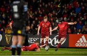 23 February 2018; Tyler Bleyendaal of Munster kicks a penalty with the assistance of team-mate Rhys Marshall during the Guinness PRO14 Round 16 match between Munster and Glasgow Warriors at Irish Independent Park in Cork. Photo by Diarmuid Greene/Sportsfile
