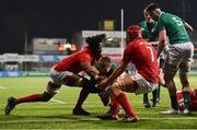 23 February 2018; Jonny Stewart of Ireland is tackled short of the try line by Max Williams, left, and James Botham of Wales during the U20 Six Nations Rugby Championship match between Ireland and Wales at Donnybrook Stadium in Dublin. Photo by David Fitzgerald/Sportsfile