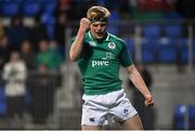 23 February 2018; Tommy O'Brien of Ireland celebrates after scoring his side's fifth try during the U20 Six Nations Rugby Championship match between Ireland and Wales at Donnybrook Stadium in Dublin. Photo by David Fitzgerald/Sportsfile