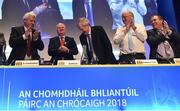 23 February 2018; Ard Stiúrthóir of the GAA Páraic Duffy, centre, takes his seat as he is given an standing ovation after speaking during the GAA Annual Congress 2018 at Croke Park in Dublin. Photo by Piaras Ó Mídheach/Sportsfile