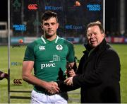 23 February 2018; Jack O'Sullivan of Ireland is presented with his Electric Ireland Player of the Match award by Niall Dineen after the U20 Six Nations Rugby Championship match between Ireland and Wales at Donnybrook Stadium in Dublin. Photo by David Fitzgerald/Sportsfile