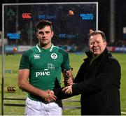 23 February 2018; Jack O'Sullivan of Ireland is presented with his Electric Ireland Player of the Match award by Niall Dineen after the U20 Six Nations Rugby Championship match between Ireland and Wales at Donnybrook Stadium in Dublin. Photo by David Fitzgerald/Sportsfile