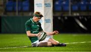 23 February 2018; Tommy O'Brien of Ireland scores his side's fifth try during the U20 Six Nations Rugby Championship match between Ireland and Wales at Donnybrook Stadium in Dublin. Photo by David Fitzgerald/Sportsfile