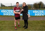 24 February 2018; Pictured is Lynne D’Arcy, Sponsorship, Electric Ireland, proud sponsor of the Electric Ireland GAA Higher Education Championships, presenting Conor Johnston from St Mary's University College, Belfast, with the Man of the Match award for his outstanding performance in the Electric Ireland Fergal Maher Cup Final between St Mary's University College and GMIT Letterfrack in Mallow, Cork. The unique quality of the Electric Ireland Higher Education Championships sees players putting their intercounty and club rivalries aside to strive to achieve Electric Ireland Fergal Maher Cup glory. Electric Ireland has been shining a light on these First Class Rivals as proud sponsor of the college level competitions for the next four years. #FirstClassRivals. Photo by Diarmuid Greene/Sportsfile