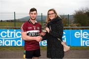 24 February 2018; Pictured is Lynne D’Arcy, Sponsorship, Electric Ireland, proud sponsor of the Electric Ireland GAA Higher Education Championships, presenting Conor Johnston from St Mary's University College, Belfast, with the Man of the Match award for his outstanding performance in the Electric Ireland Fergal Maher Cup Final between St Mary's University College and GMIT Letterfrack in Mallow, Cork. The unique quality of the Electric Ireland Higher Education Championships sees players putting their intercounty and club rivalries aside to strive to achieve Electric Ireland Fergal Maher Cup glory. Electric Ireland has been shining a light on these First Class Rivals as proud sponsor of the college level competitions for the next four years. #FirstClassRivals. Photo by Diarmuid Greene/Sportsfile