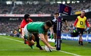 24 February 2018; Jacob Stockdale of Ireland scores his side's first try despite the best efforts of Leigh Halfpenny of Wales during the NatWest Six Nations Rugby Championship match between Ireland and Wales at the Aviva Stadium in Lansdowne Road, Dublin. Photo by Brendan Moran/Sportsfile
