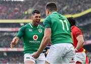 24 February 2018; Rob Kearney, left, and Jacob Stockdale of Ireland celebrates their side's first try during the NatWest Six Nations Rugby Championship match between Ireland and Wales at the Aviva Stadium in Lansdowne Road, Dublin. Photo by Brendan Moran/Sportsfile